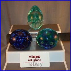 Lot of THREE Vines Studio Glass Paperweights Signed