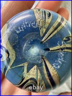 Lotton Studio Art Glass Paperweight Blue Iridescent Swirl Signed