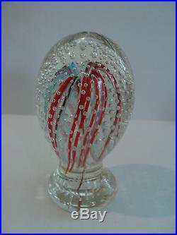 Lovely Vintage Art Glass Egg Shaped Pedestal Paperweight, Red & Light Blue