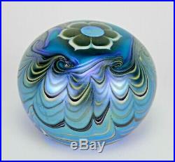 Lundberg Studios Iridescent Vintage Paperweight-waves & Flower-signed-dated 1976