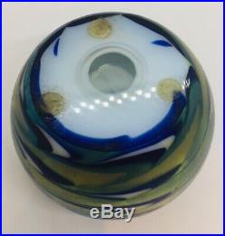 Lundberg Studios Vintage Blue Iridescent Art Glass Stars Moon Waves Paperweight