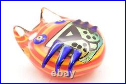 Mad Art Cat Tiger Paperweight Hand Blown Glass Signed 2011 RED BLUE