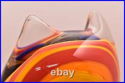 Mad Art Cat Tiger Paperweight Hand Blown Glass Signed 2011 RED BLUE