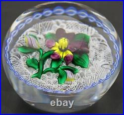 Marvelous BOB BANFORD Vibrant PANSY FLOWER Over LATTICINO Art Glass PAPERWEIGHT