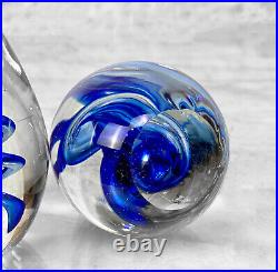 Mid-Century Hand Blown Art Glass Blue Spiraled Egg Paperweight A Pair