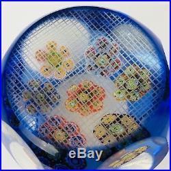 Millefiori Paperweight Faceted Vintage Murano Glass Blue Overlay Cross Hatch