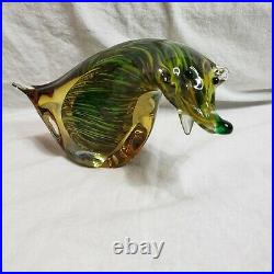 Murano Art Glass Bear Figurine Paperweight Green Amber Gold Italy MCM Blown