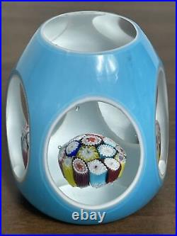 Murano Art Glass Concentric Millefiori Cushion Center Double Cased Paperweight