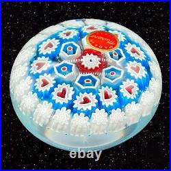 Murano Art Glass Paperweight Round Heavy Italy Red Hearts Blue White Flowers 3W