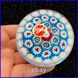 Murano Art Glass Paperweight Round Heavy Italy Red Hearts Blue White Flowers 3W