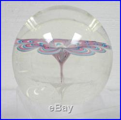 Murano Art Glass Vintage Round Paperweight With Pink Blue Flower Design