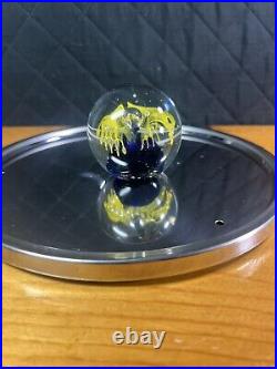Murano Glass Paperweight Yellowith Blue Flower Bubbles Label Hand Blown Vtg Globe