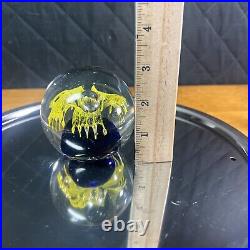 Murano Glass Paperweight Yellowith Blue Flower Bubbles Label Hand Blown Vtg Globe