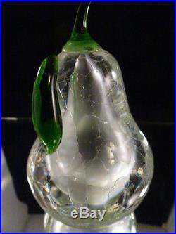 Murano Glass Pear Paperweight In Clear Crackled Finish Vintage