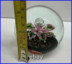 Murano Italy Crystal Bubble Flower Lavender Round Art Glass Paperweight