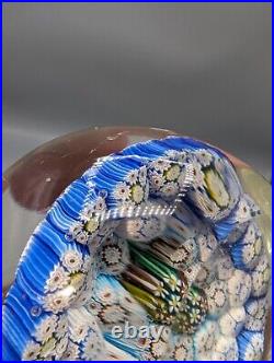 Murano Millefiori Closepack Center Daisies Art Glass Paperweight Blue White