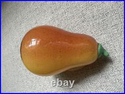 New England Style Pear Glass Paperweight Orange Yellow Green Stem Fruit 20th C