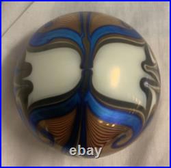 Orient & Flume Paperweight Hand Painted Signed'74 Iridescent Blue Brown Design