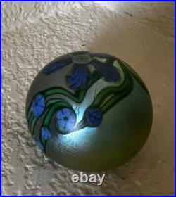 Orient and Flume Art Glass Paperweight, periwinkle vine flowers, 1985