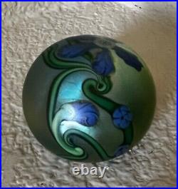 Orient and Flume Art Glass Paperweight, periwinkle vine flowers, 1985