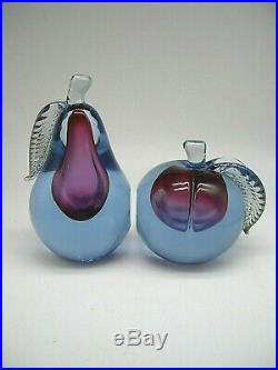 PAIR Vintage 1950 Murano Barbini sommerso glass fruit peach apple pear bookends