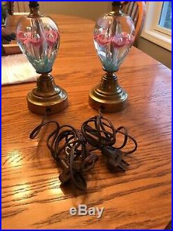 Pair Of Vintage Art Colorful Glass Lamps Trumpet Floral Paperweight St Clair