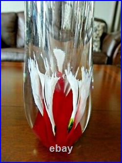 Pair Vintage Murano Art Glass RED Sommerso ICE PICK Flower Paperweight VASES
