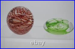 Pair of Signed Rollin Karg Red & Green Glass 3 1/4 1 3/4 Bubble Paperweight