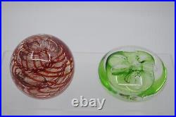 Pair of Signed Rollin Karg Red & Green Glass 3 1/4 1 3/4 Bubble Paperweight