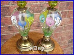 Pair of Vintage Colorful Art Glass Lamps Trumpet Floral Paperweight St Clair