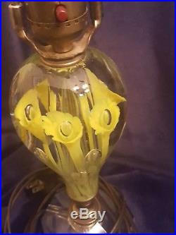 Pair of Vintage St Clair Art Glass Paperweight Lamp Light Yellow Flowers 20 inch