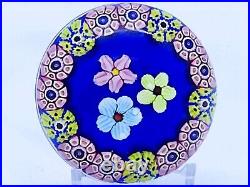 Paul Ysart Beautiful Miniature Flowers & Millefiori Garland on Blue Paperweight