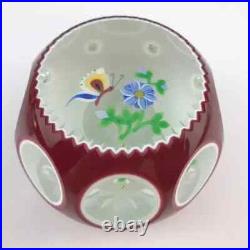 Perthshire 1990E Double Overlay Lampwork Butterfly Flower Faceted Paperweight