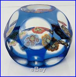 Perthshire Millefiori Paperweight Faceted Glass Blue Overlay Cross Hatched Vtg