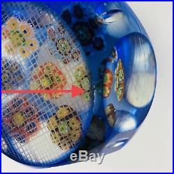 Perthshire Millefiori Paperweight Faceted Glass Blue Overlay Cross Hatched Vtg