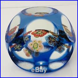 Perthshire Millefiori Paperweight Faceted Vintage Glass Blue Overlay Cross Hatch
