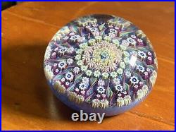 Perthshire art glass paperweights purple, blue patterned twist, millefiori