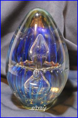 RARE Robert Eickholt signed 2002 paperweight Art Glass 5in EMAN egg anemone blue