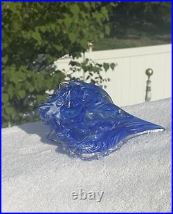 RARE Vintage 8 Inch Hand Blown Glass Seashell Blue & White Swirl Paperweight