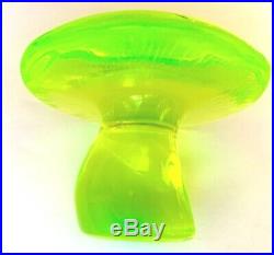 RARE Vintage GLOWS Lime Green Uranium Glass Vaseline Mushroom 3 Wide FLUORESCES