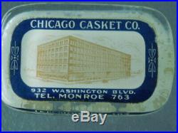 Rare Vintage Antique glass Advertisement Paperweight Chicago Casket Co Factory
