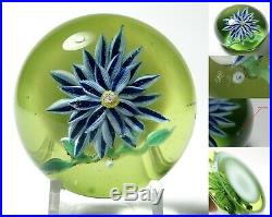 Rare Vintage Lewis Kain Blue and White Dahlia Paperweight with Green Ground