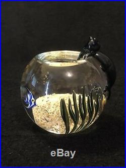 Rare Vtg Signed Correia Art Glass Papeweight Kitty Cat & Fishbowl Tropical Fish