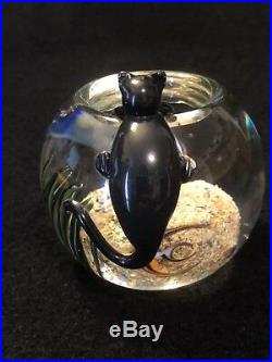 Rare Vtg Signed Correia Art Glass Papeweight Kitty Cat & Fishbowl Tropical Fish