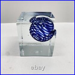 Rare ladislav Oliva moderist art glass cube paperweight Embedded Blue Swirl Sphe