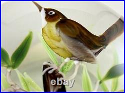 Rick Ayotte LE Signed 1980 Art Glass Paperweight Lampwork Bird On Branch Leaves