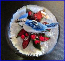 Rick Ayotte Paperweight Art Glass 2.25 inch 1999 Collectible Blue Waxwing Snow