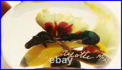 Rick Ayotte Paperweight Art Glass 2 in 1988 Collectible Yellow Finch Red Flowers