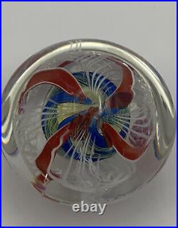 Rick Beck Studio Art Glass Hand Blown Paperweight Blue Red White Swirl Signed 2