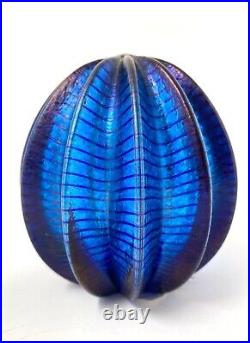 Robert Held Art Glass Blue Copper Iridescent Striped Large Urchin Paperweight 4